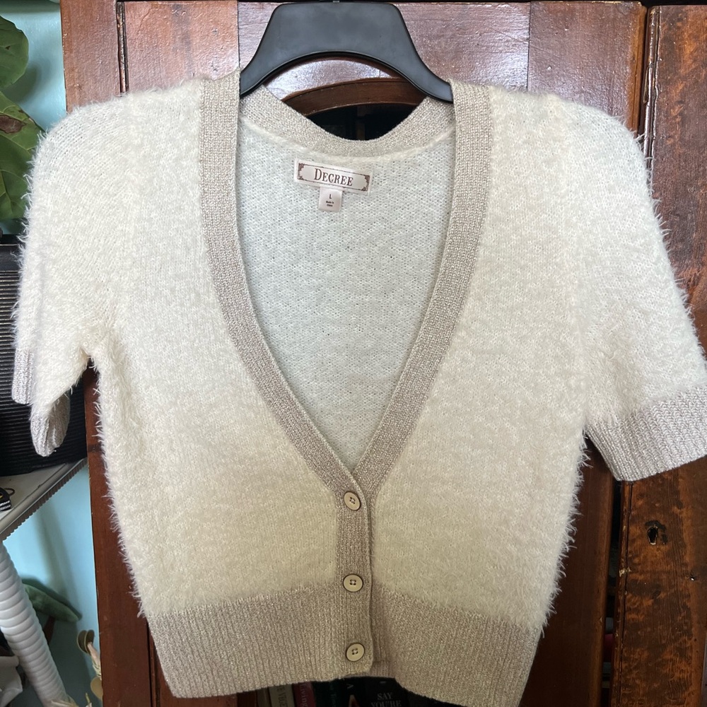 Decree JUNIORS Fuzzy Eyelash Cardigan Sweater - Petite Fit -Cream, Gold Metallic